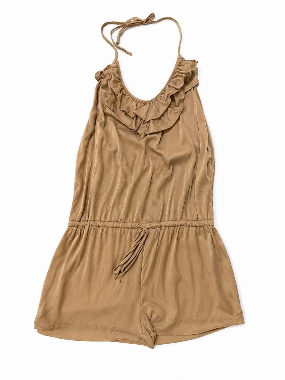 Taupe Ruffle Halter Drawstring Romper - Picture 2 of 2